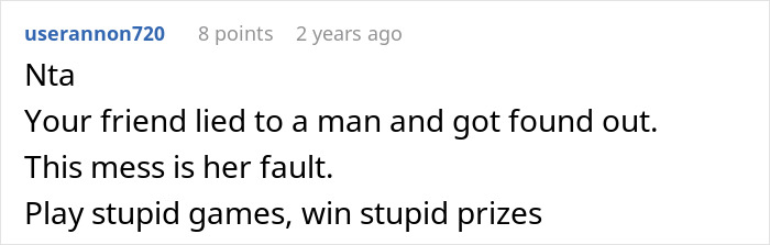 Screenshot of a forum comment discussing a friendship crumbling after a woman exposes a secret to her husband. Screenshot of a forum comment discussing a friendship crumbling after a woman exposes a secret to her husband.
