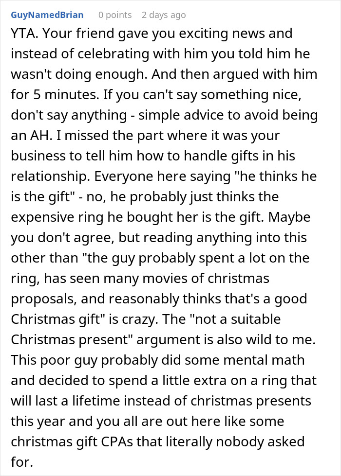 Alt text: Reddit comment discussing a man who thinks his proposal counts as a Christmas gift and receives a reality check.