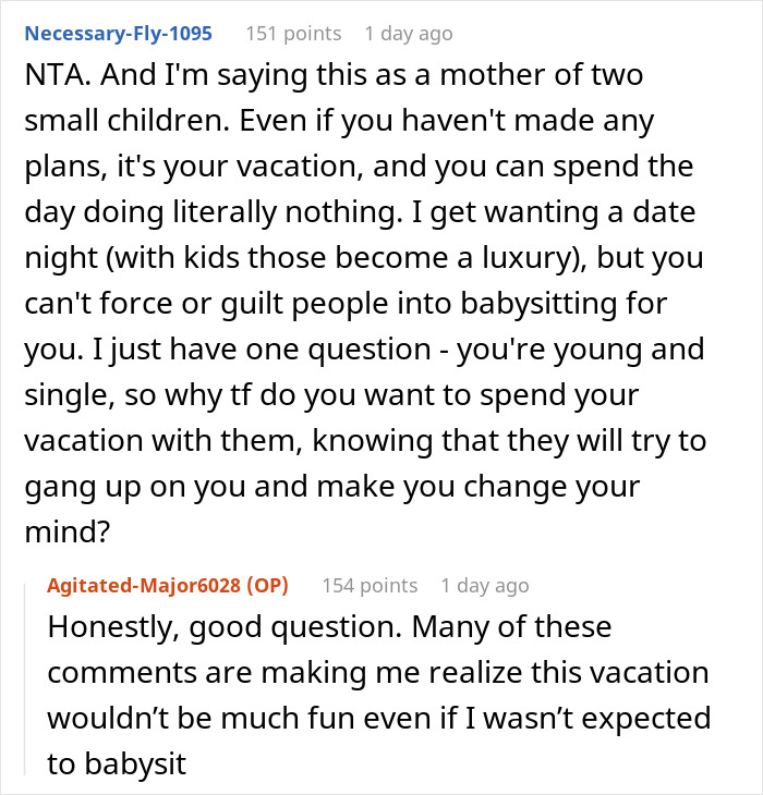Reddit user defends saying no to babysitting on vacation, facing backlash for wanting to enjoy personal time.