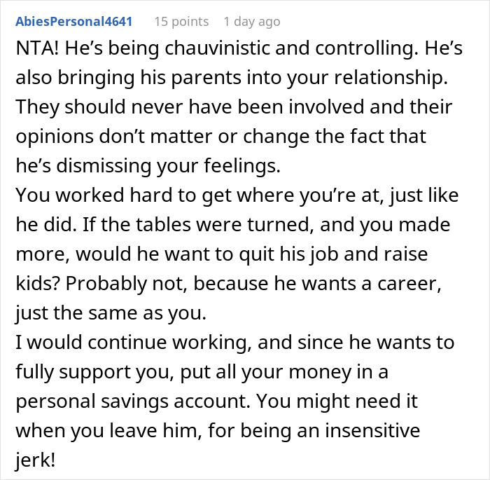 Screenshot of an online comment criticizing chauvinistic views and supporting a woman who refuses to quit her job.