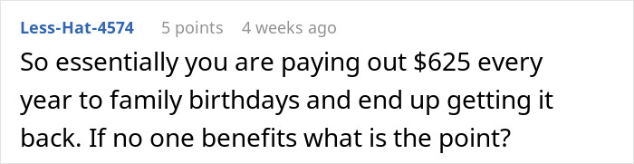 User comment discussing spending birthday money on family and questioning the value in a family chat setting.