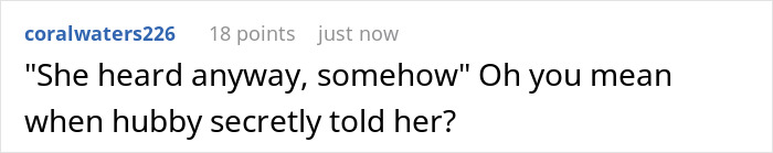Commenter coralwaters226 questioning if MIL heard the secret from hubby during Thanksgiving family conflict. Commenter coralwaters226 questioning if MIL heard the secret from hubby during Thanksgiving family conflict.