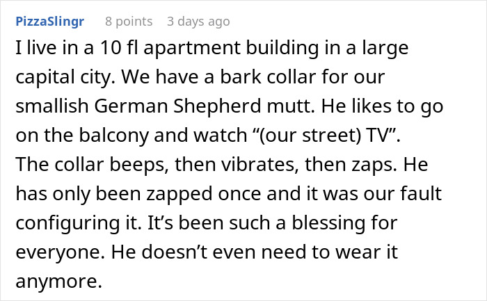 Reddit user describes using a bark collar on their dog to keep neighbors from complaining about noisy dogs.