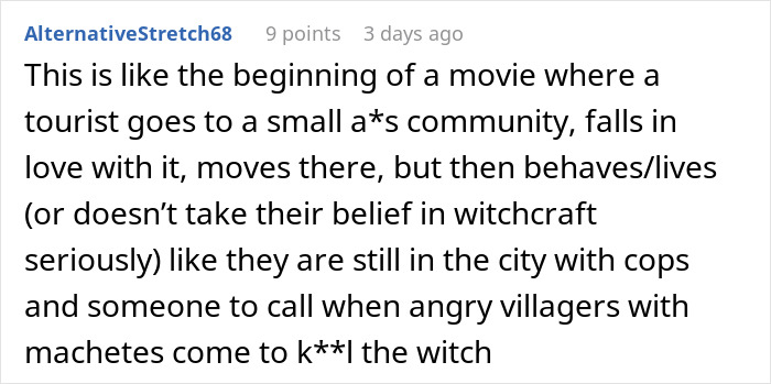 Comment discussing a movie plot about a tourist facing angry villagers, reflecting woman&rsquo;s unexpectedly savage revenge on petty neighbor panic.