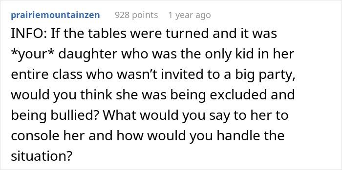 Screenshot of a Reddit post discussing a 13-year-old refusing to invite one girl from school and the controversy around the mom&rsquo;s support.