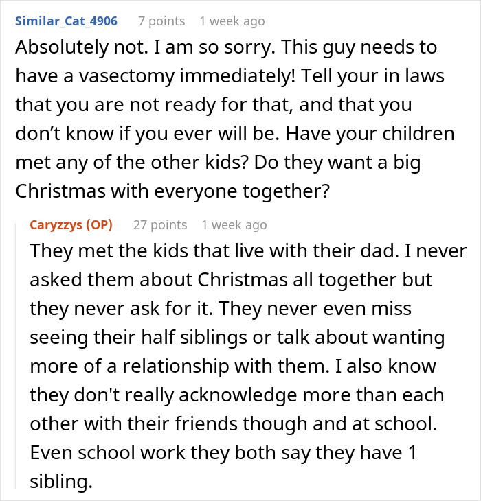 Screenshot of an online discussion about in-laws furious over refusing to host a blended family Christmas with ex's affair kids.