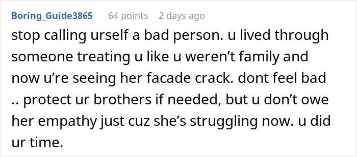 Text post discussing empathy for an evil stepmom struggling after a failed life and poetic justice for the stepdaughter.