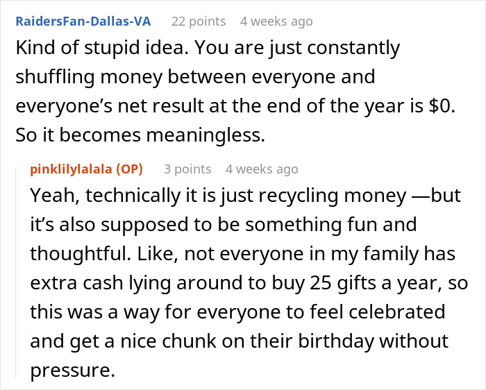 Online family chat discussing the concept of birthday money and sharing funds to celebrate together.