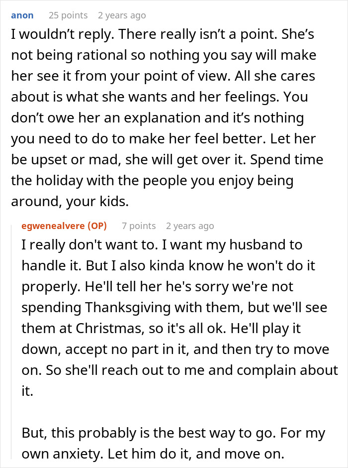 Screenshot of an online discussion where a woman wants to celebrate Thanksgiving with her kid while MIL reacts strongly.
