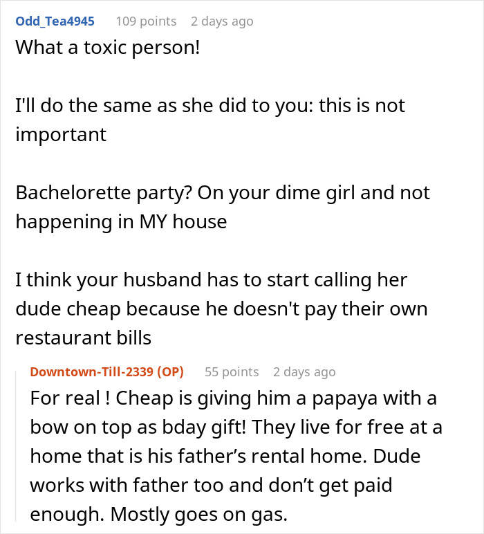 Comments discussing a woman giving her brother a papaya birthday gift and calling him cheap for not paying bills.