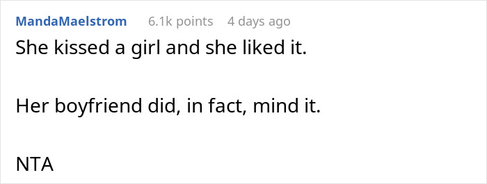 Text post showing a comment about a girlfriend kissing another woman and boyfriend's reaction on social media.