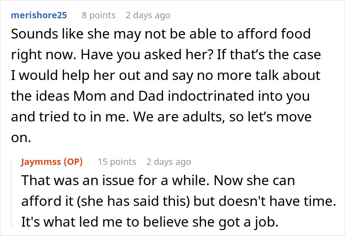 Screenshot of online discussion about trad wife sister upset over brother doing womanly things and refusing to cook for family.