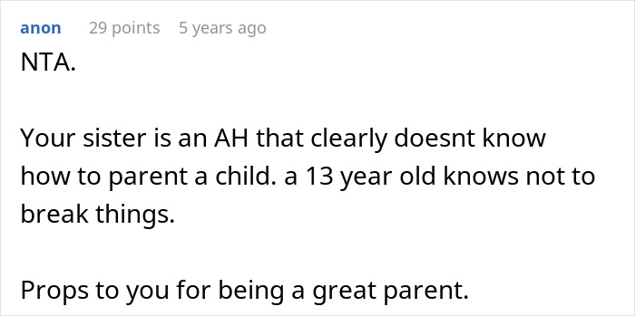 Comment from anon praising a woman who took back her nephew&rsquo;s Christmas gift for responsible parenting after a 13-year-old broke things.