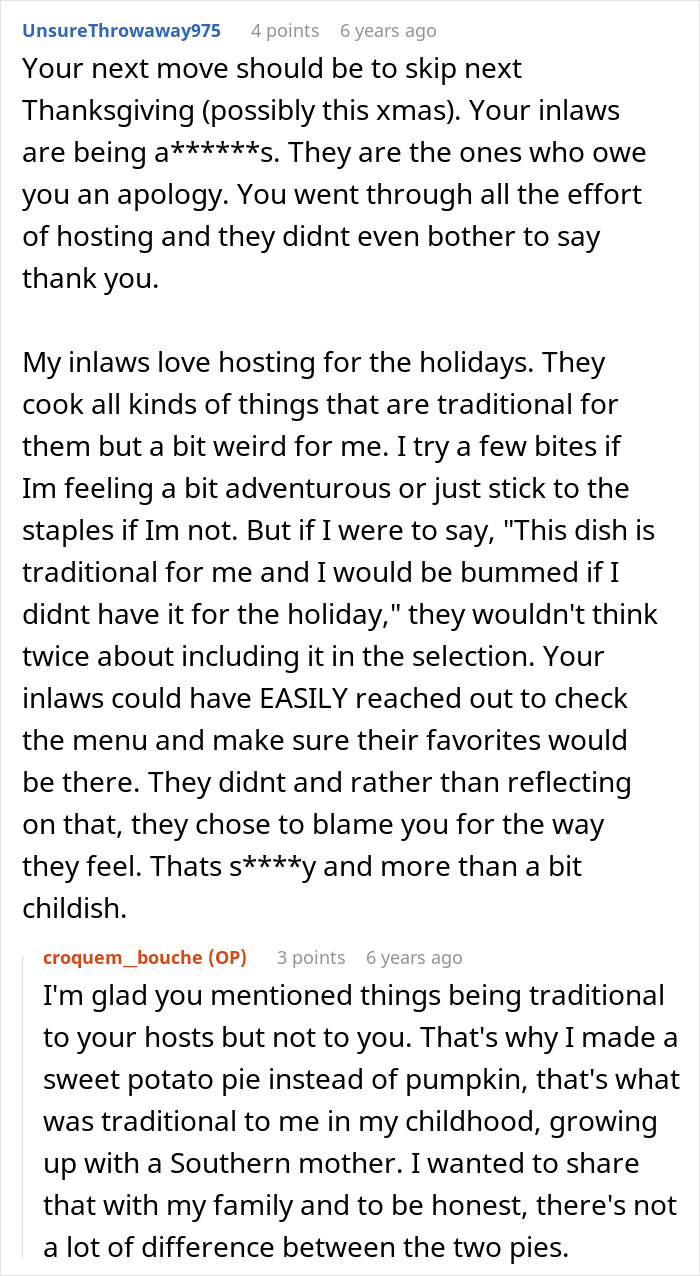 Reddit comments discussing in-laws making fun of a woman for Thanksgiving dinner traditions and holiday hosting conflicts. Reddit comments discussing in-laws making fun of a woman for Thanksgiving dinner traditions and holiday hosting conflicts.