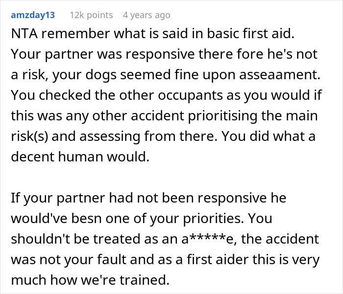 Comment explaining nurse girlfriend prioritizing dogs and baby during car crash as proper first aid response.