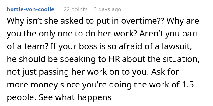 Comment discussing unfair work distribution and coworker dealing with consequences of a woman eating what she shouldn&rsquo;t.