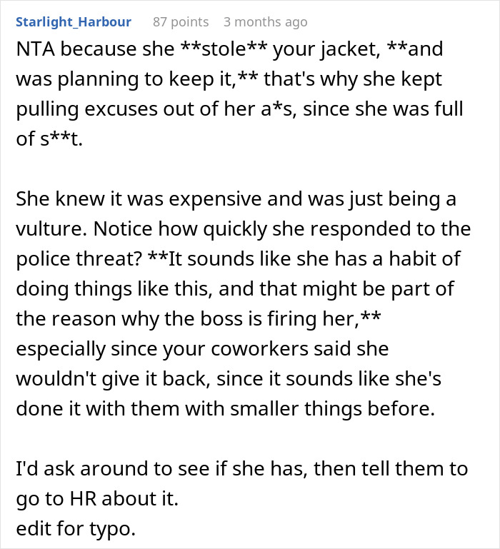 Comment discussing a woman refusing to return her coworker&rsquo;s expensive jacket and related workplace issues.