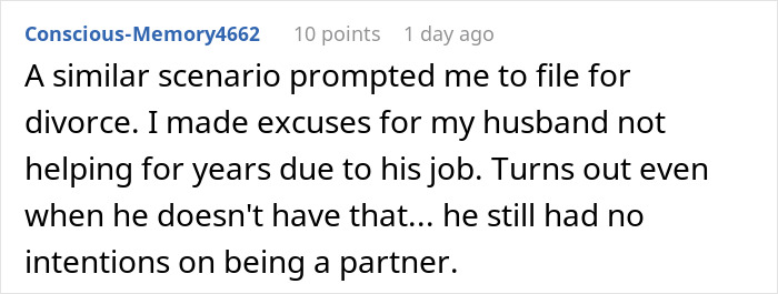 Text comment about husband not helping with Thanksgiving preparations, highlighting pressure and relationship issues.