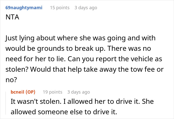 Screenshot of an online forum discussing a man kicking out his girlfriend after she secretly went clubbing and lost his car.