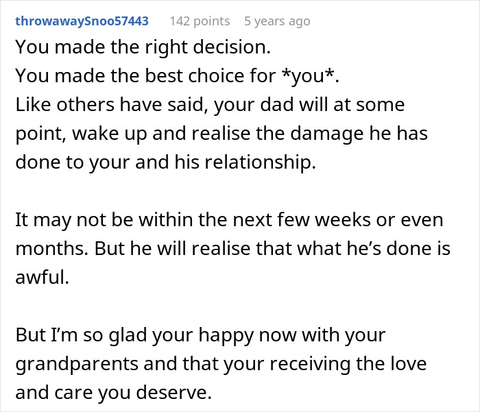 Comment expressing support for a teen who left home after dad prioritized his girlfriend over her, highlighting adoption and family relationships.