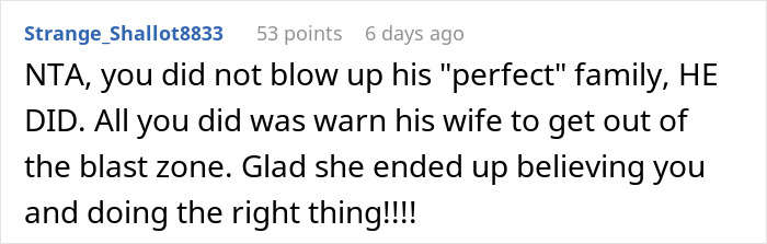 User comment from Reddit about exposing a cheating boyfriend with a wife and six kids, feeling guilty after sending receipts.