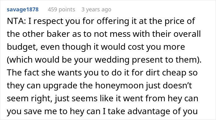 Screenshot of a Reddit comment discussing a bride wanting to upgrade her honeymoon at a bridesmaid&rsquo;s expense.
