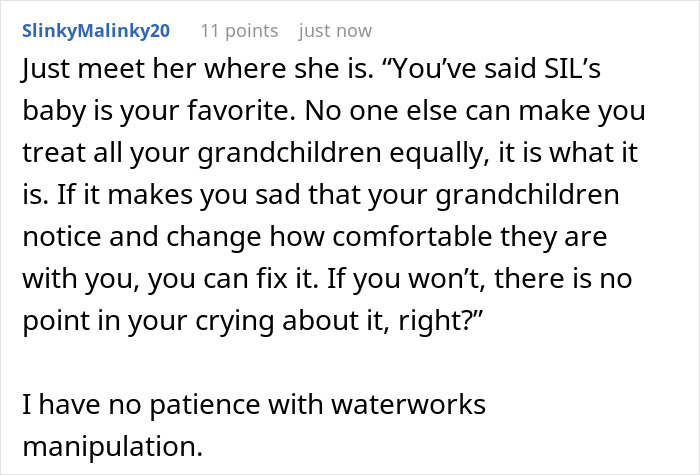 Text post showing a Reddit comment about a MIL admitting to favoritism of one grandchild over others, causing family tension.