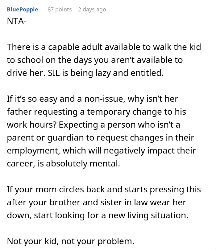 Comment discussing woman refusing to take niece to school and sister-in-law causing family meltdown over responsibility.