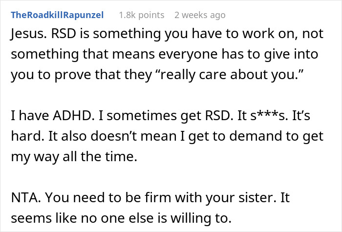 Screenshot of a Reddit comment discussing rejection sensitive dysphoria and a conflict about a big wedding plan.