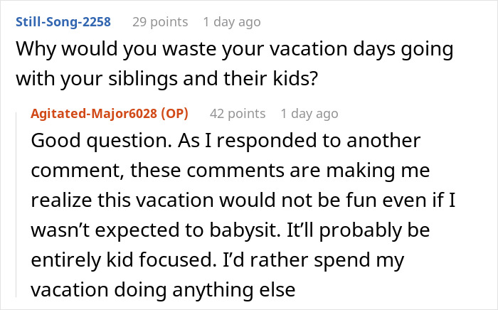 Reddit user explains why saying no to babysitting on vacation is labeled selfish for wanting to enjoy their life.