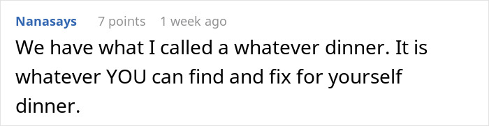 Comment stating a man leaves domestic chores to his wife and expects dinner served, while she's done playing his mommy.