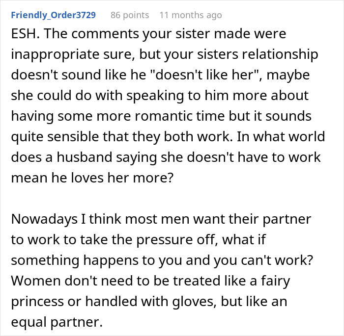 Comment discussing guy's affection for his sick wife and sister's opinion on the husband's true feelings.