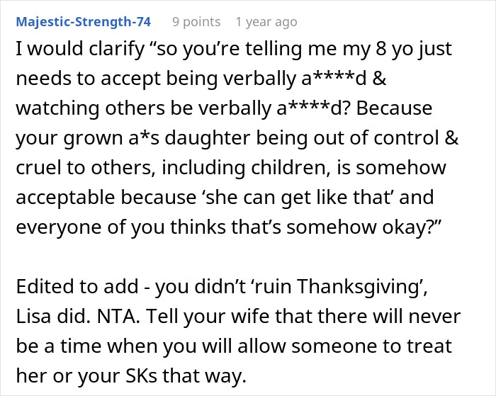 Comment discussing husband dragging wife and kids from Thanksgiving after sister's major tantrum, addressing family conflict.