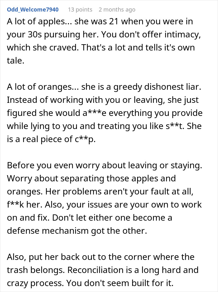 Online forum comment discussing husband refusing intimacy for five years and wife's response finding someone younger.