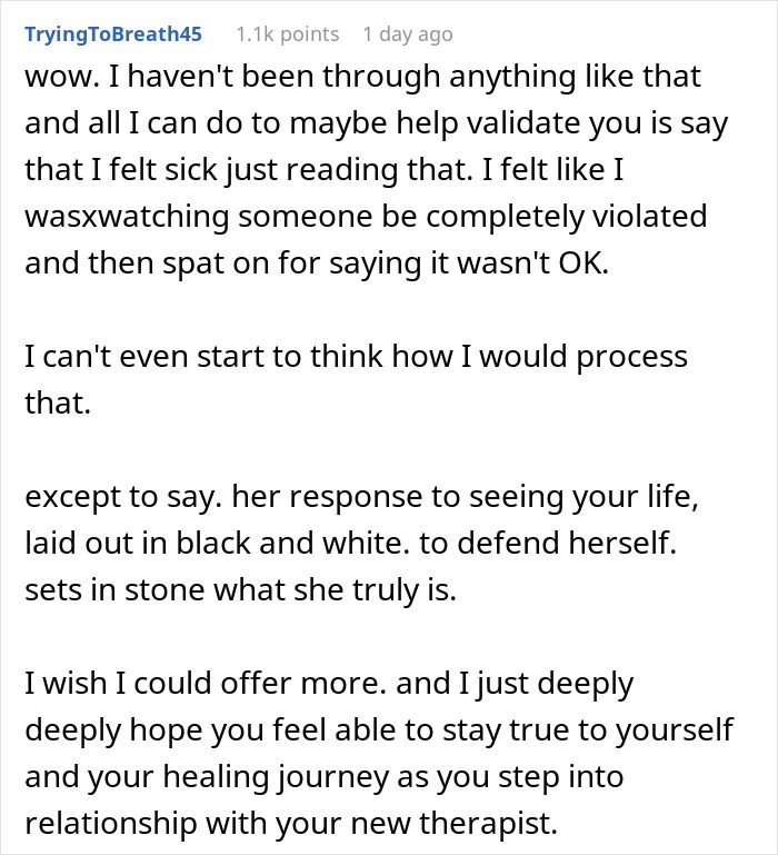 Alt text: Online comment expressing empathy about woman&rsquo;s distrust after mom spied on therapy sessions and its emotional impact.
