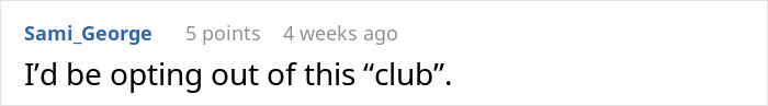 Commenter Sami_George sharing opinion about opting out of a club during a birthday money family chat discussion.