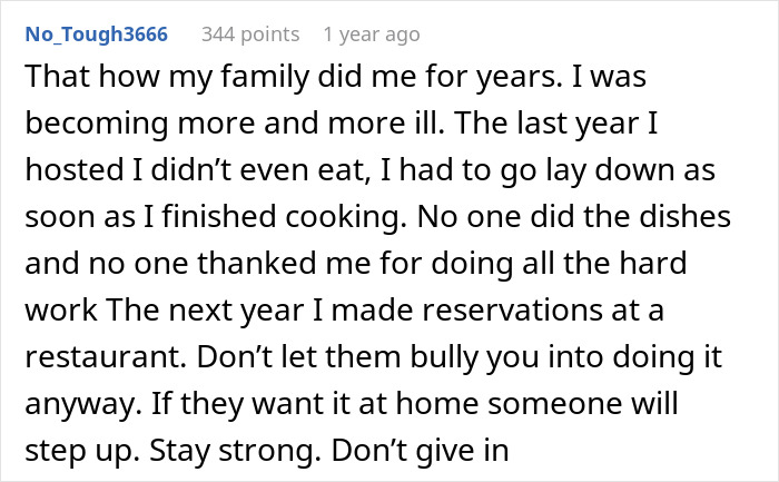 Comment from No_Tough3666 describing feeling unappreciated while hosting traditional family Thanksgiving meals.
