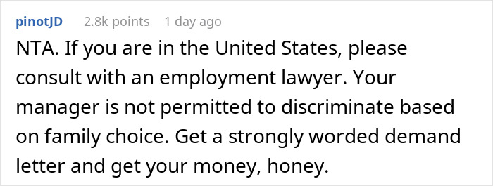 Screenshot of an online comment advising to consult an employment lawyer about hospital family first vacation policy issues.