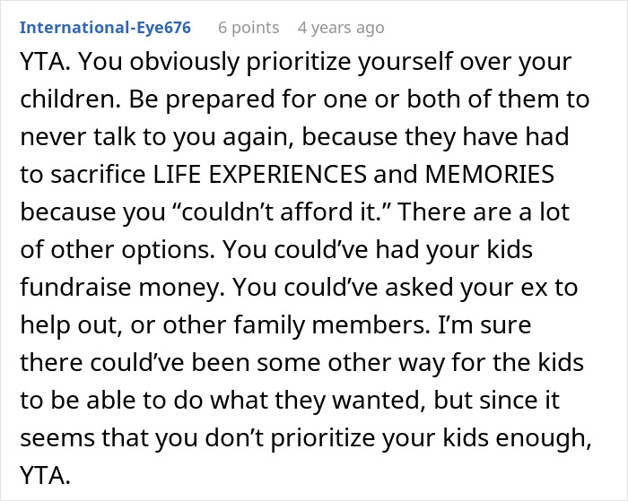 Reddit comment criticizing someone for choosing a nose job over kids college funds, highlighting misplaced priorities.