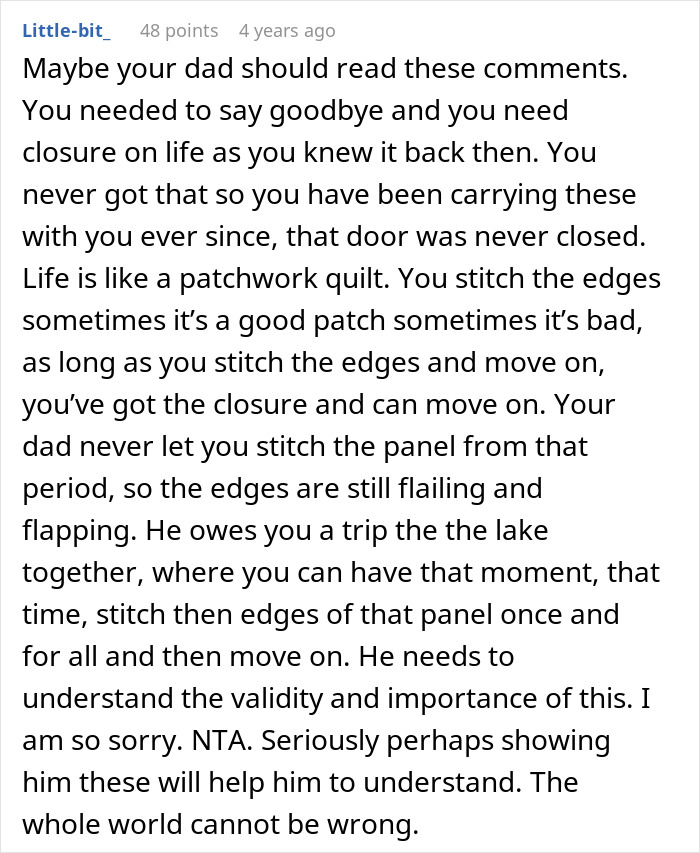 Comment text discussing a selfish dad demanding apology from daughter after ruining her Christmas memory on a social platform.