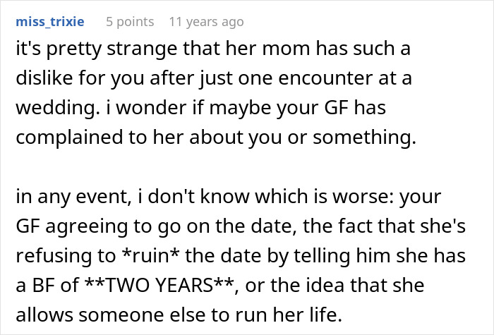 Comment discussing a mom&rsquo;s impact on her daughter&rsquo;s relationship and the complexities of dating and family influence.