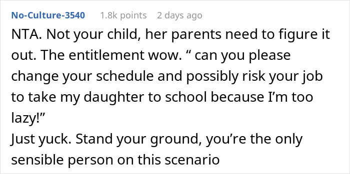 Screenshot of a Reddit comment defending a woman refusing to take niece to school amid a family-wide meltdown.