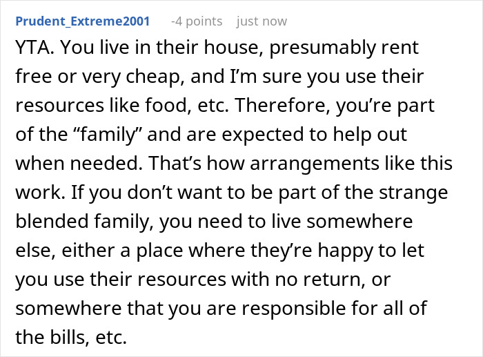 Comment discussing expectations of living rent-free and helping out as a free babysitter in a blended family situation.
