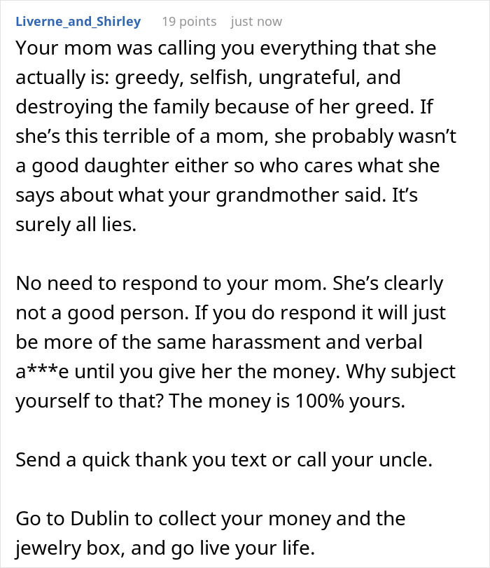 Screenshot of an online comment discussing protecting a daughter from a solicitor about grandma’s inheritance conflict. Screenshot of an online comment discussing protecting a daughter from a solicitor about grandma’s inheritance conflict.