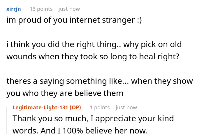 Screenshot of a supportive online conversation about best friend no contact returns and healing from old wounds.