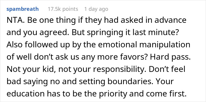 Screenshot of a Reddit comment discussing boundaries when being asked to babysit a girlfriend&rsquo;s son unexpectedly.