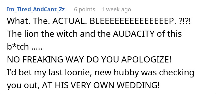 Text post expressing shock and anger about a bride mad cousin dress incident at a wedding.