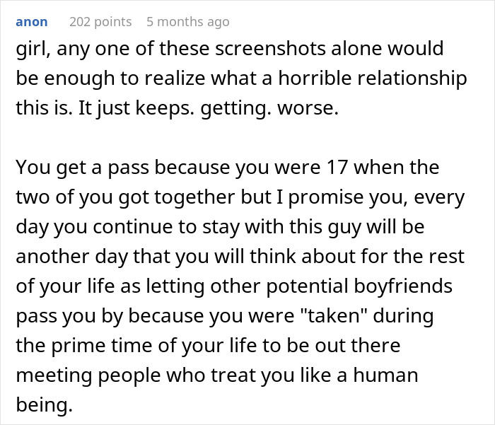 Screenshot of a comment describing a horrible relationship and regrets about staying with an uncaring boyfriend.
