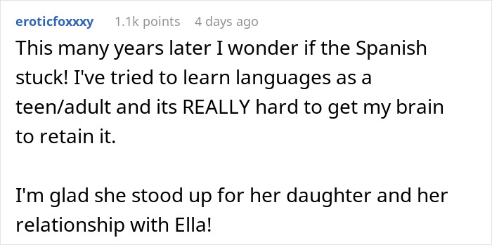Comment discussing difficulty learning Spanish and support for daughter's relationship with nanny amid husband ban.