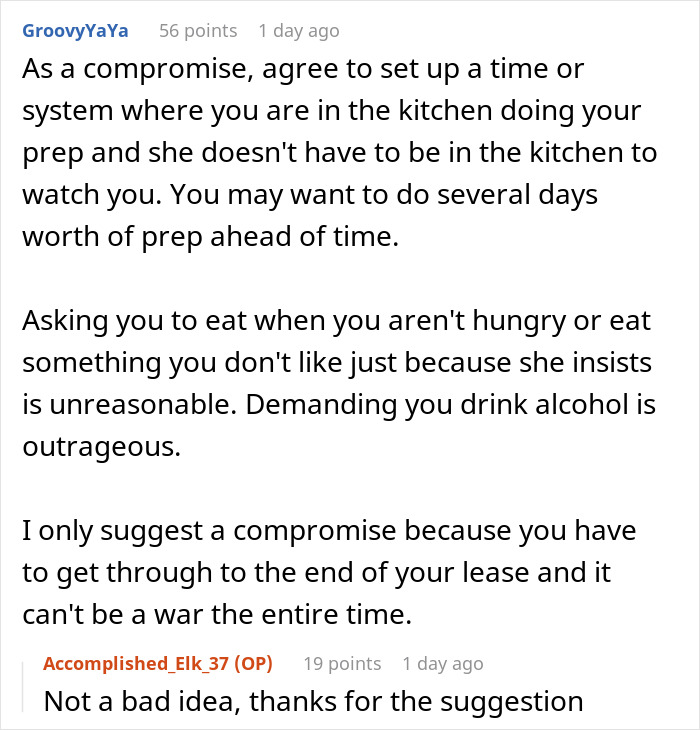 Comment discussing a health nut roommate&rsquo;s strict diet and the impact of fast food and alcohol demands on eating disorder concerns.